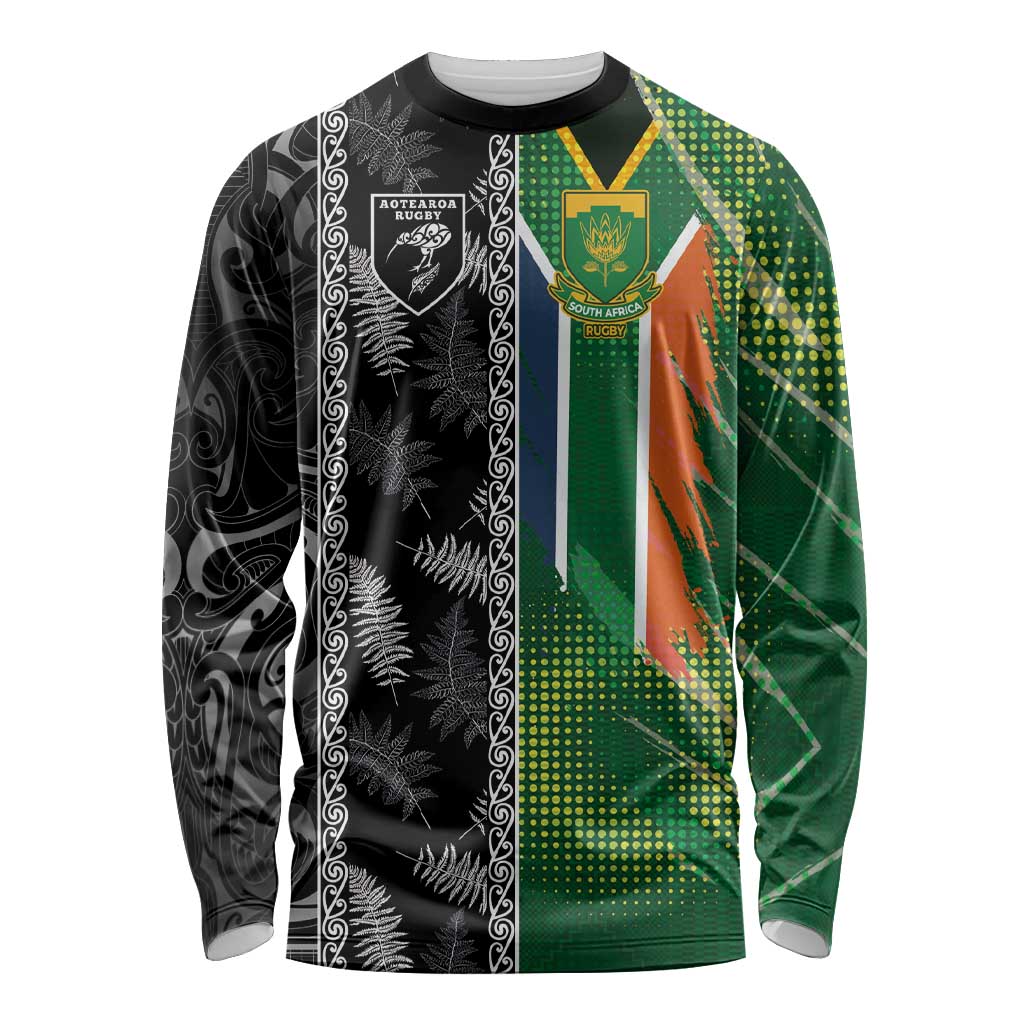 Custom Aotearoa South Africa Rugby Freedom Cup Long Sleeve Shirt Maori Silver Fern Art and Sporty Flag SA - Polynesian Pride