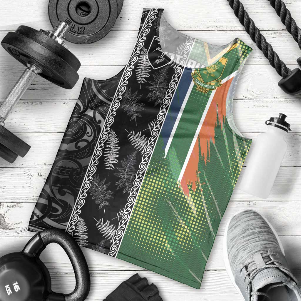 Custom Aotearoa South Africa Rugby Freedom Cup Men Tank Top Maori Silver Fern Art and Sporty Flag SA - Polynesian Pride
