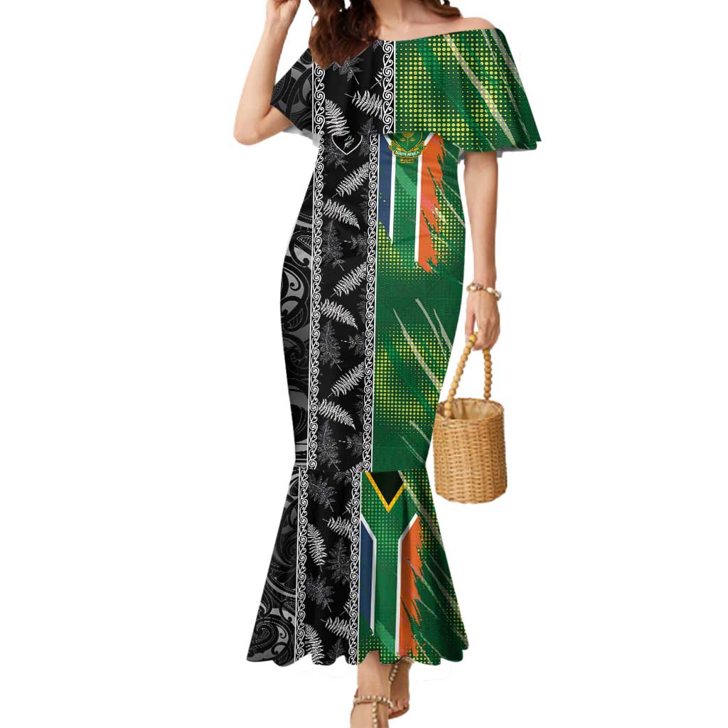 Custom Aotearoa South Africa Rugby Freedom Cup Mermaid Dress Maori Silver Fern Art and Sporty Flag SA - Polynesian Pride