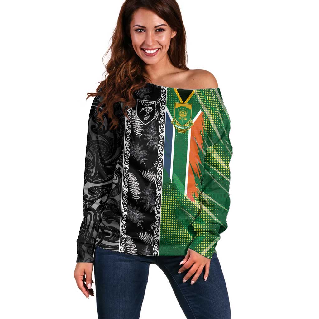 Custom Aotearoa South Africa Rugby Freedom Cup Off Shoulder Sweater Maori Silver Fern Art and Sporty Flag SA - Polynesian Pride