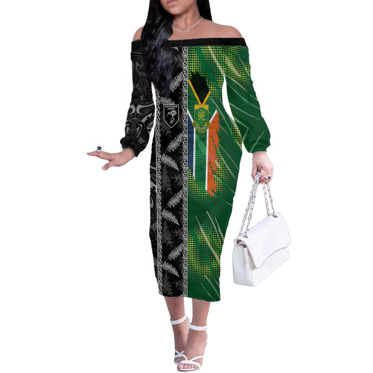 Custom Aotearoa South Africa Rugby Freedom Cup Off The Shoulder Long Sleeve Dress Maori Silver Fern Art and Sporty Flag SA - Polynesian Pride
