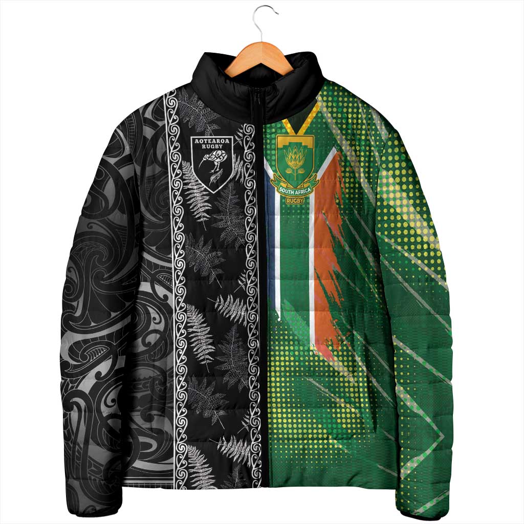 Custom Aotearoa South Africa Rugby Freedom Cup Padded Jacket Maori Silver Fern Art and Sporty Flag SA - Polynesian Pride