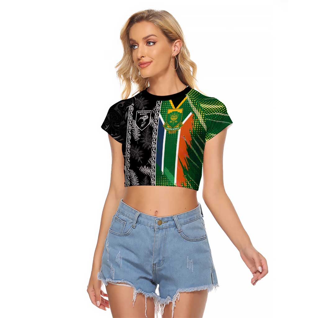 Custom Aotearoa South Africa Rugby Freedom Cup Raglan Cropped T Shirt Maori Silver Fern Art and Sporty Flag SA - Polynesian Pride