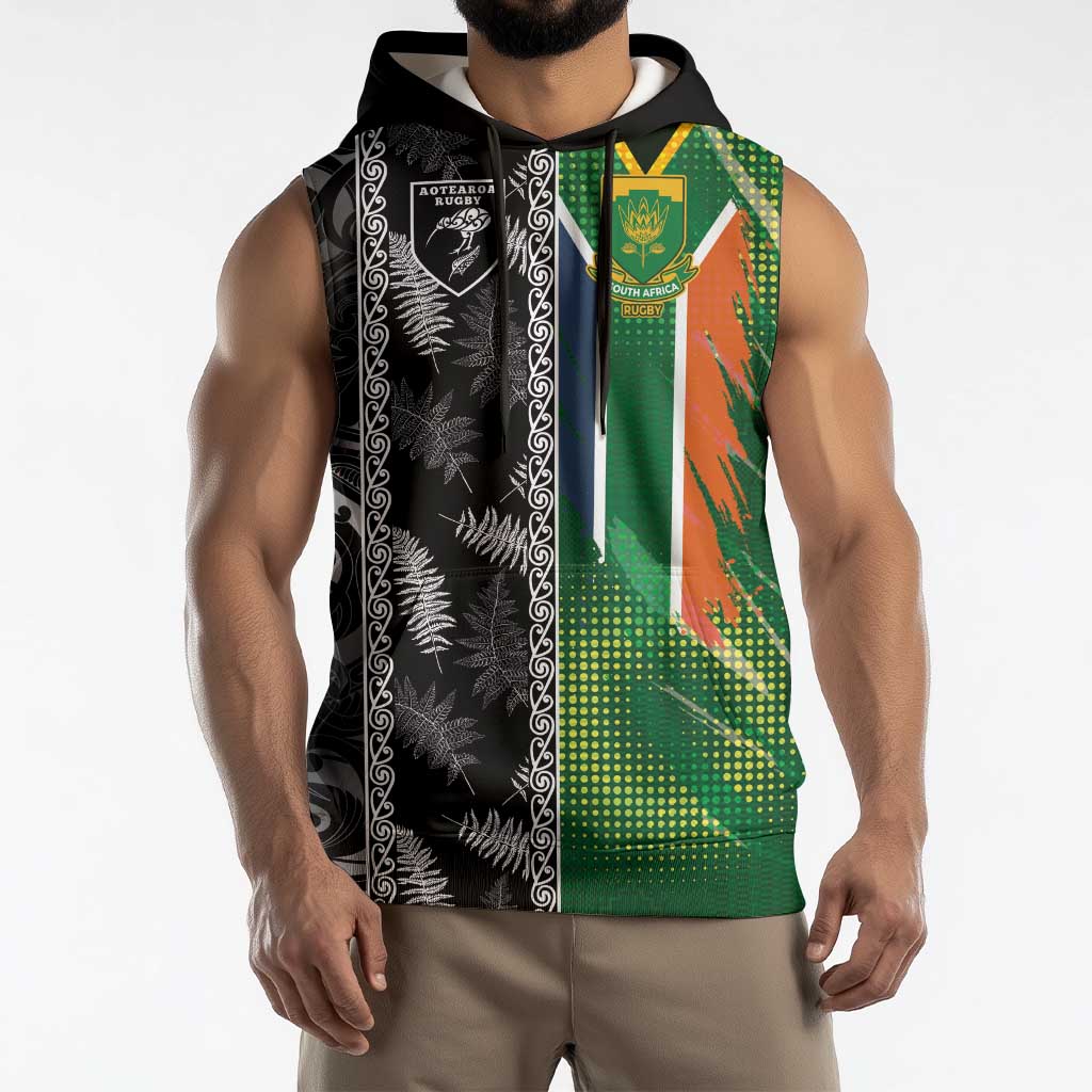 Custom Aotearoa South Africa Rugby Freedom Cup Sleeveless Hoodie Maori Silver Fern Art and Sporty Flag SA - Polynesian Pride
