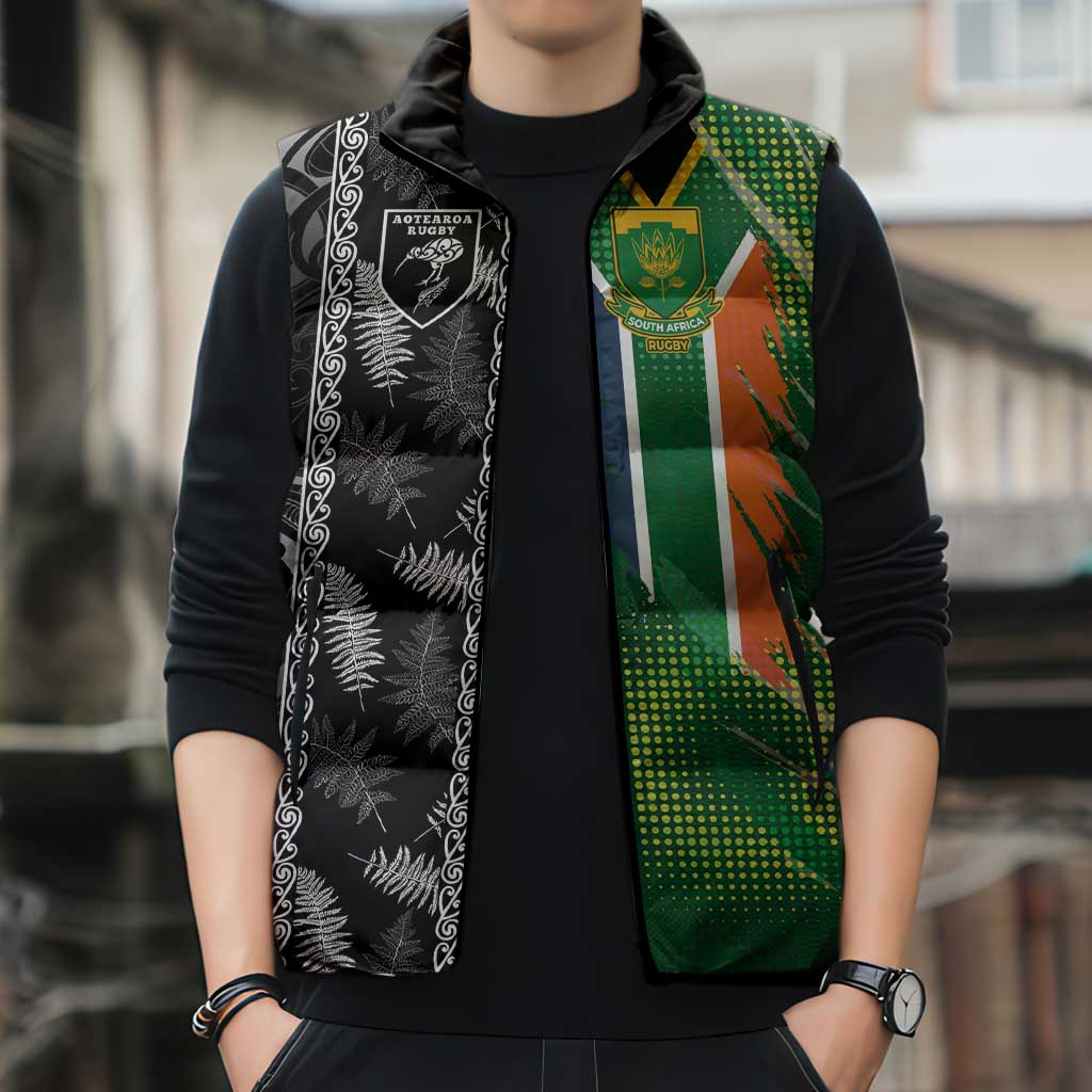 Custom Aotearoa South Africa Rugby Freedom Cup Sleeveless Puffer Jacket Maori Silver Fern Art and Sporty Flag SA - Polynesian Pride