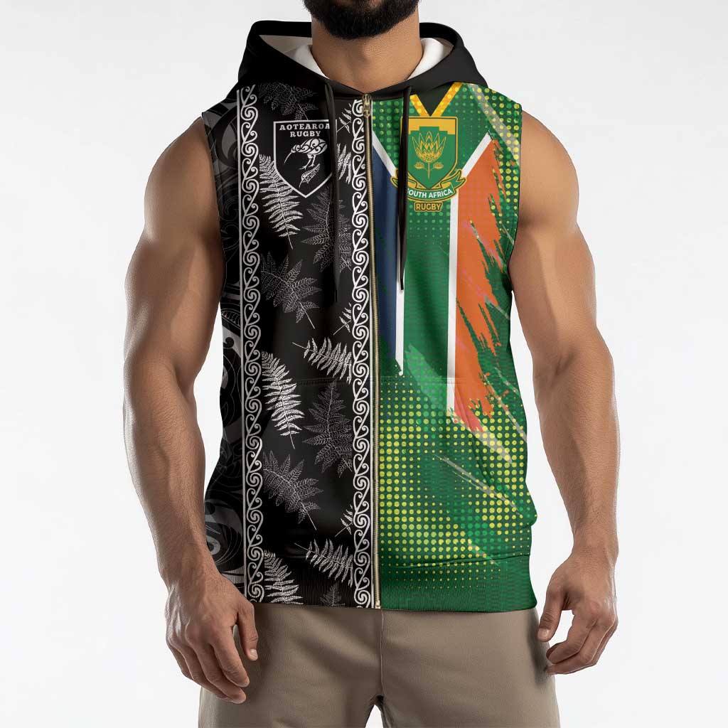 Custom Aotearoa South Africa Rugby Freedom Cup Sleeveless Zip Hoodie Maori Silver Fern Art and Sporty Flag SA - Polynesian Pride