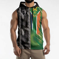 Custom Aotearoa South Africa Rugby Freedom Cup Sleeveless Zip Hoodie Maori Silver Fern Art and Sporty Flag SA - Polynesian Pride