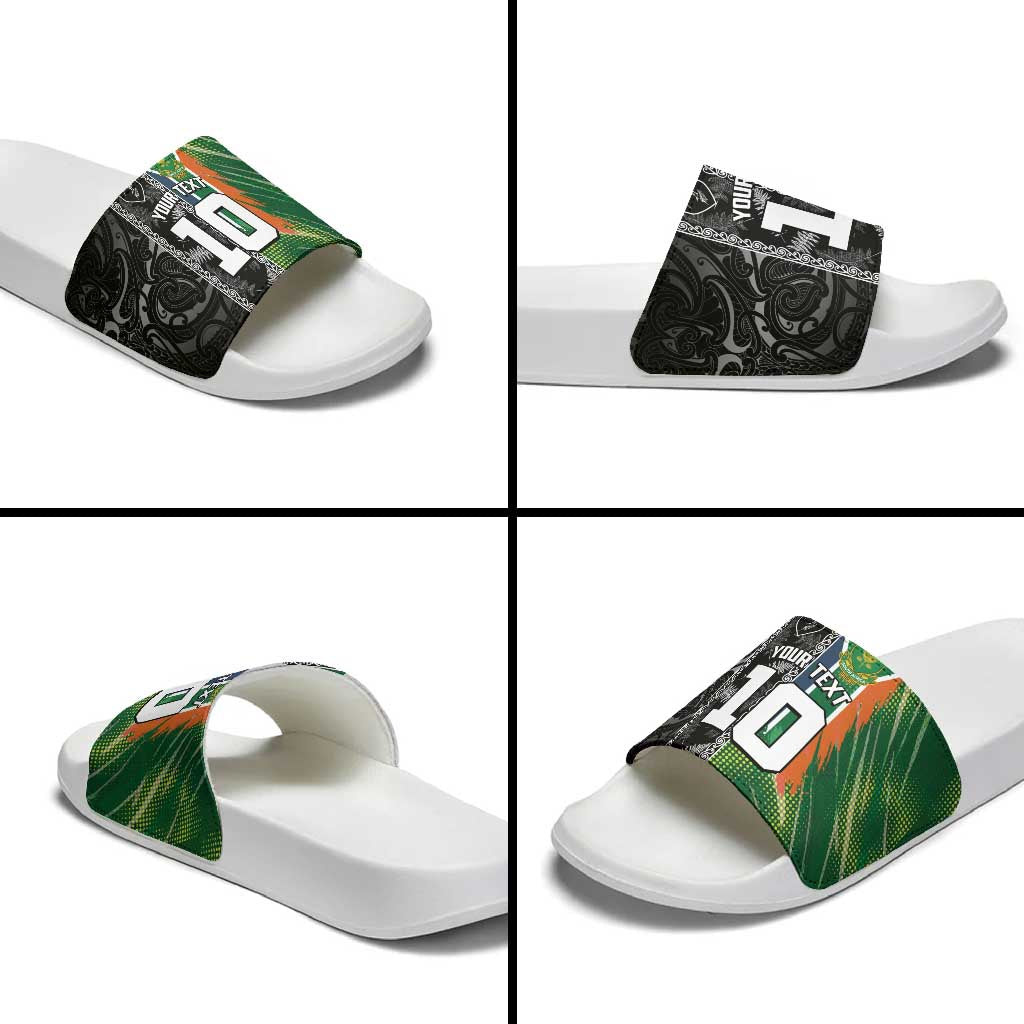 Custom Aotearoa South Africa Rugby Freedom Cup Slide Sandals Maori Silver Fern Art and Sporty Flag SA - Polynesian Pride