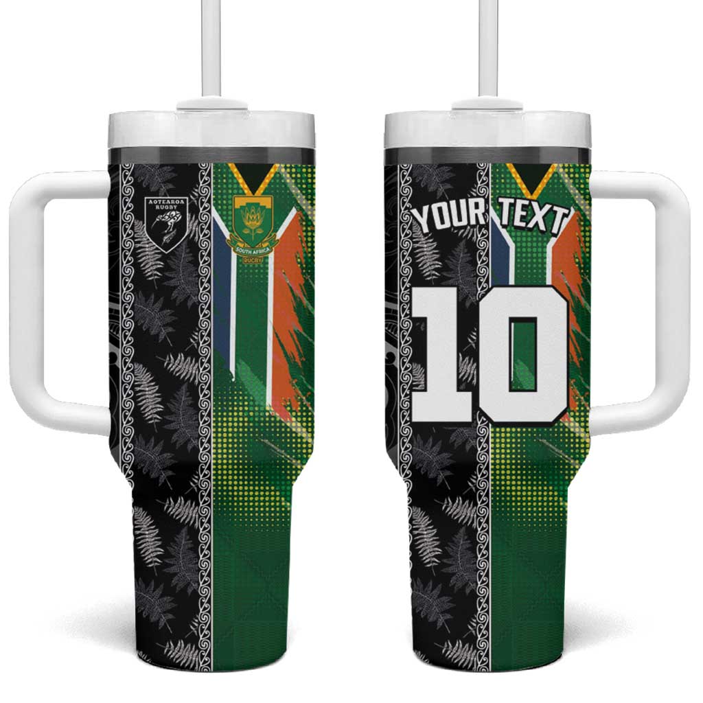 Custom Aotearoa South Africa Rugby Freedom Cup Tumbler With Handle Maori Silver Fern Art and Sporty Flag SA - Polynesian Pride