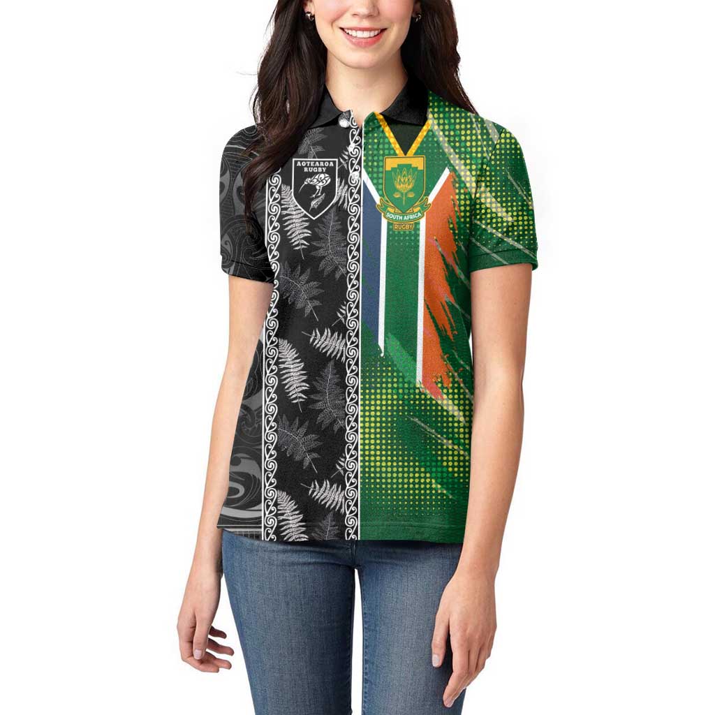Custom Aotearoa South Africa Rugby Freedom Cup Women Polo Shirt Maori Silver Fern Art and Sporty Flag SA - Polynesian Pride