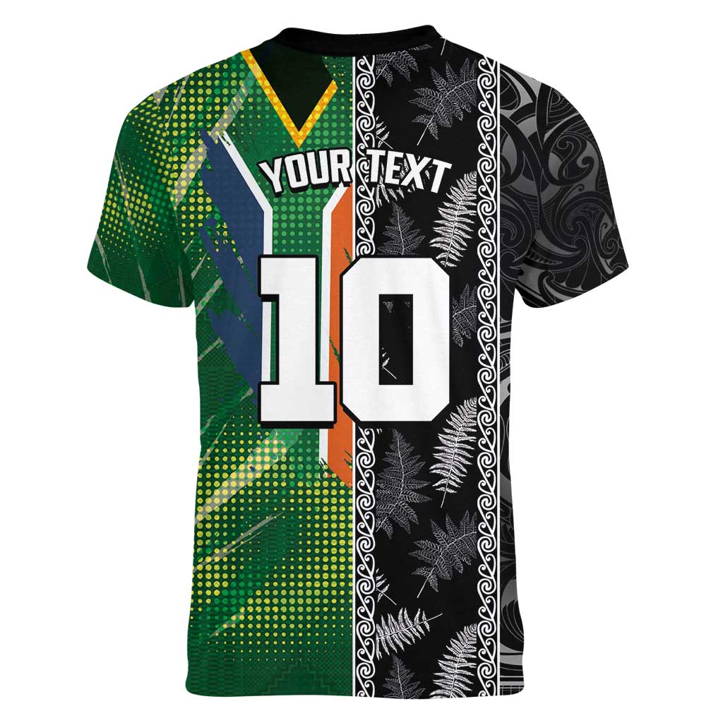 Custom Aotearoa South Africa Rugby Freedom Cup Women V-Neck T-Shirt Maori Silver Fern Art and Sporty Flag SA - Polynesian Pride