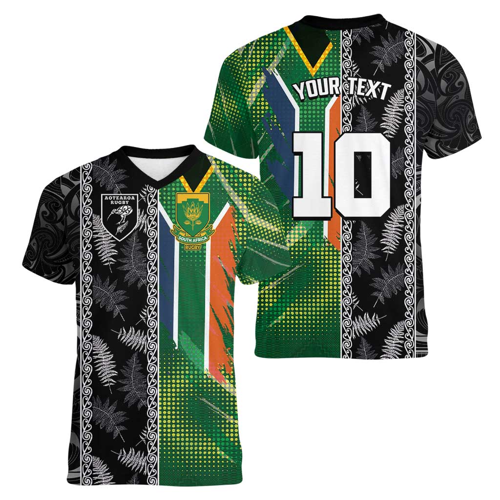 Custom Aotearoa South Africa Rugby Freedom Cup Women V-Neck T-Shirt Maori Silver Fern Art and Sporty Flag SA - Polynesian Pride