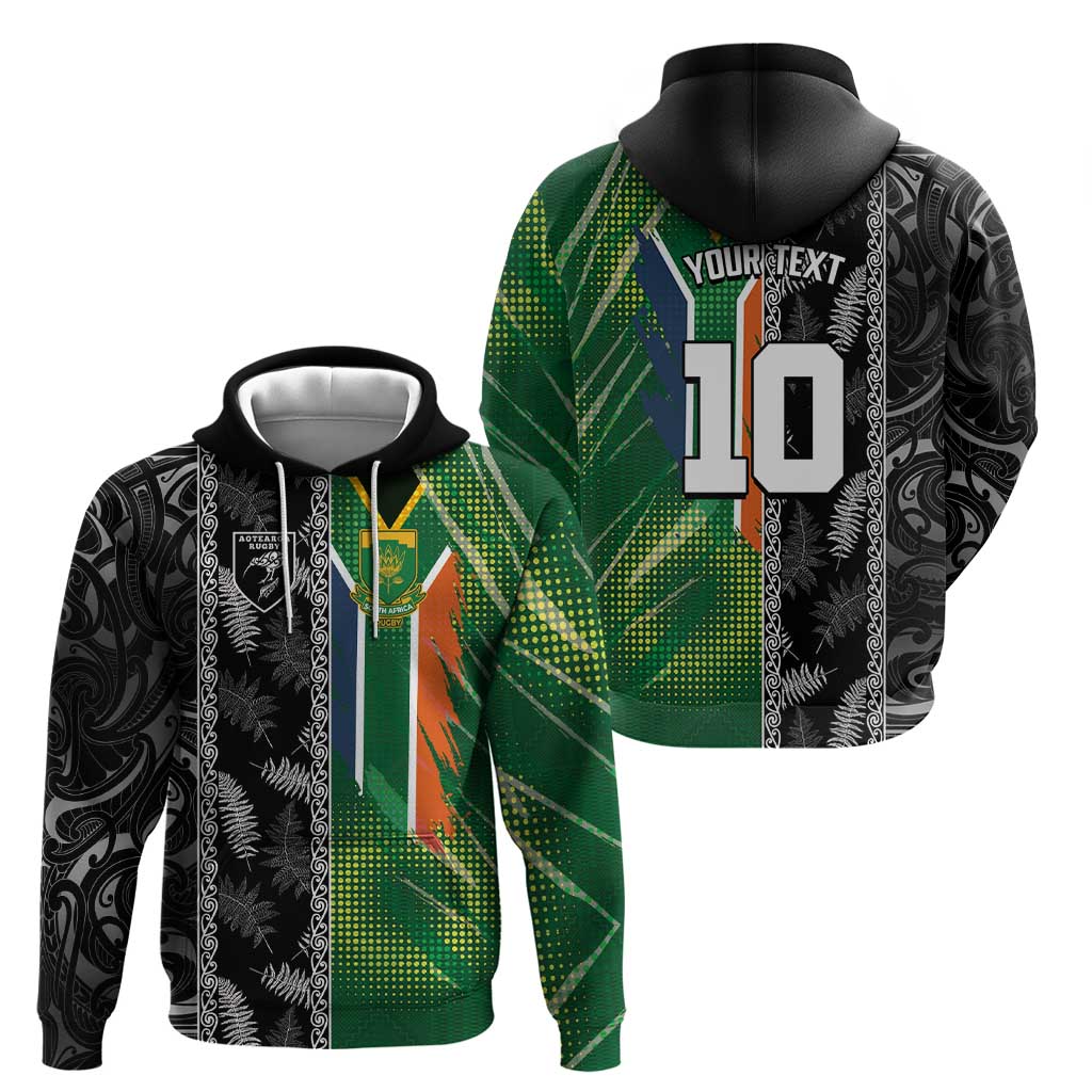 Custom Aotearoa South Africa Rugby Freedom Cup Zip Hoodie Maori Silver Fern Art and Sporty Flag SA - Polynesian Pride
