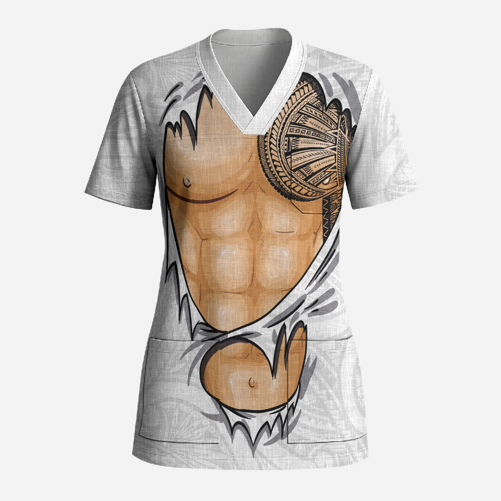 Samoan Tatau Scrub Top Tattoo Reveal Effect LT03 Adult White - Polynesian Pride