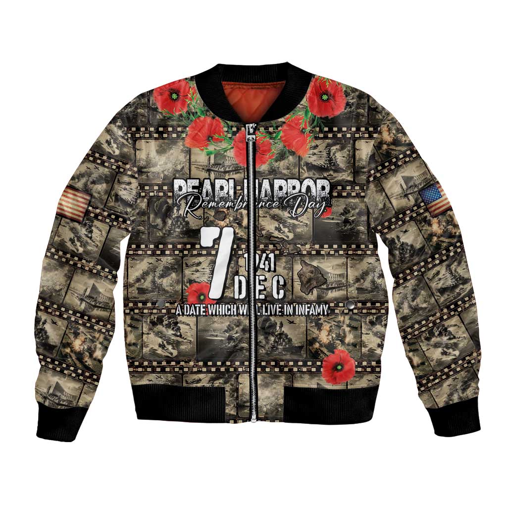 Pearl Harbor Remembrance Day Personalized Bomber Jacket Memories of December 7 with Red Poppy Lei LT03 Unisex Beige - Polynesian Pride