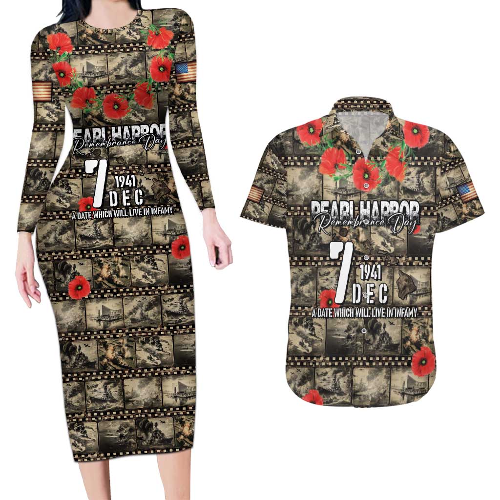 Pearl Harbor Remembrance Day Personalized Couples Matching Long Sleeve Bodycon Dress and Hawaiian Shirt Memories of December 7 with Red Poppy Lei - Polynesian Pride