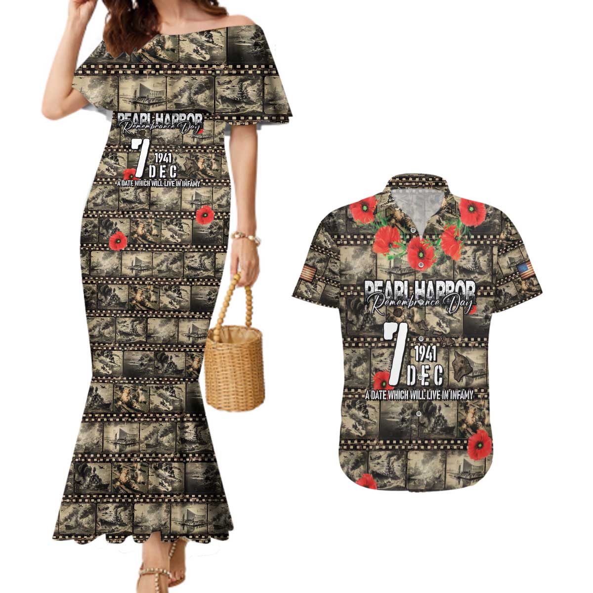 Pearl Harbor Remembrance Day Personalized Couples Matching Mermaid Dress and Hawaiian Shirt Memories of December 7 with Red Poppy Lei - Polynesian Pride