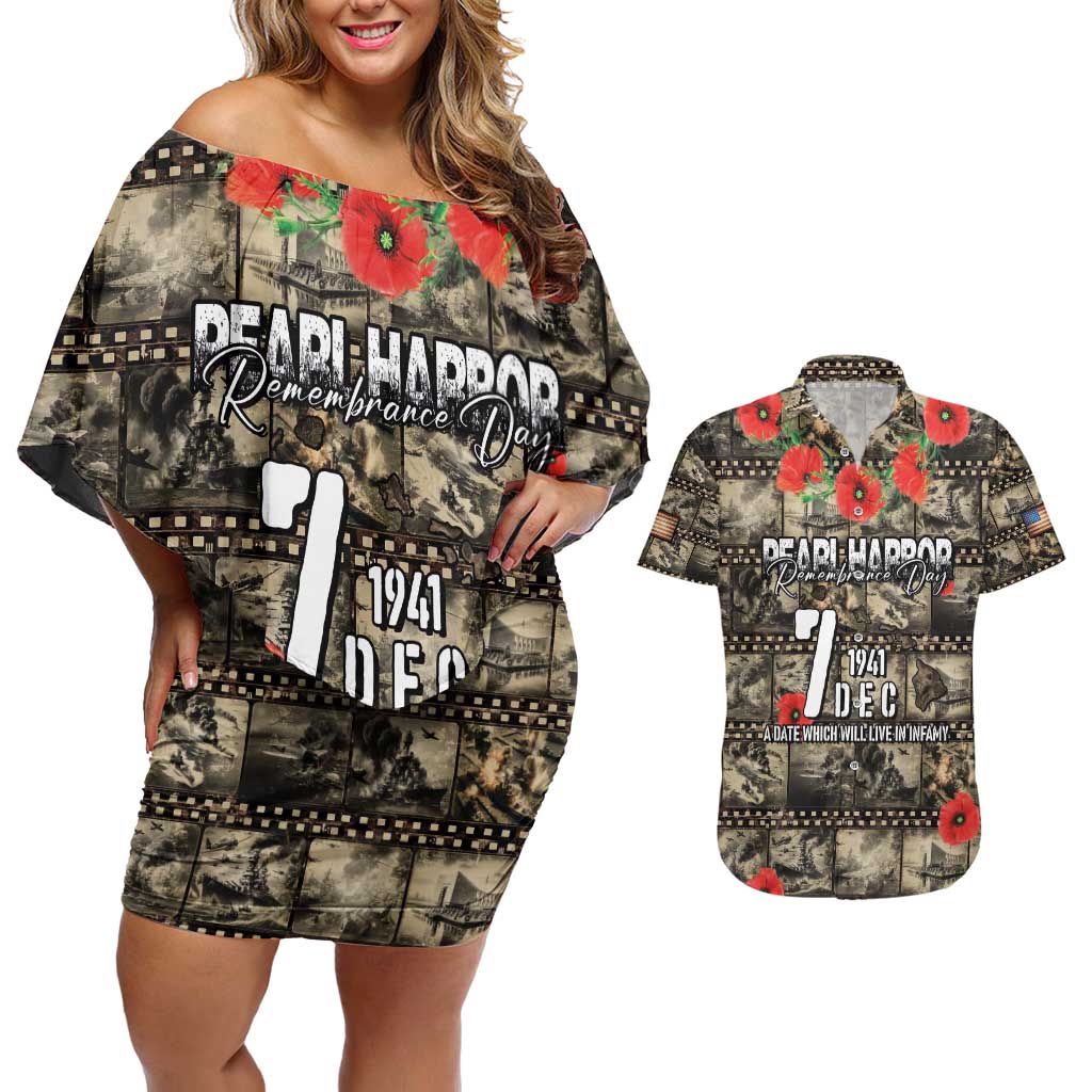 Pearl Harbor Remembrance Day Personalized Couples Matching Off Shoulder Short Dress and Hawaiian Shirt Memories of December 7 with Red Poppy Lei - Polynesian Pride
