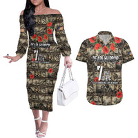 Pearl Harbor Remembrance Day Personalized Couples Matching Off The Shoulder Long Sleeve Dress and Hawaiian Shirt Memories of December 7 with Red Poppy Lei - Polynesian Pride