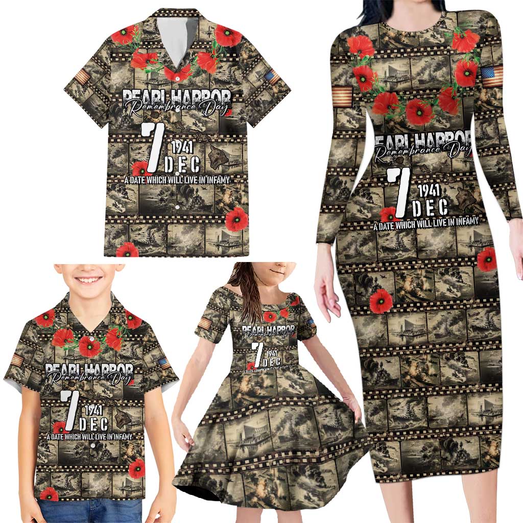 Pearl Harbor Remembrance Day Personalized Family Matching Long Sleeve Bodycon Dress and Hawaiian Shirt Memories of December 7 with Red Poppy Lei - Polynesian Pride