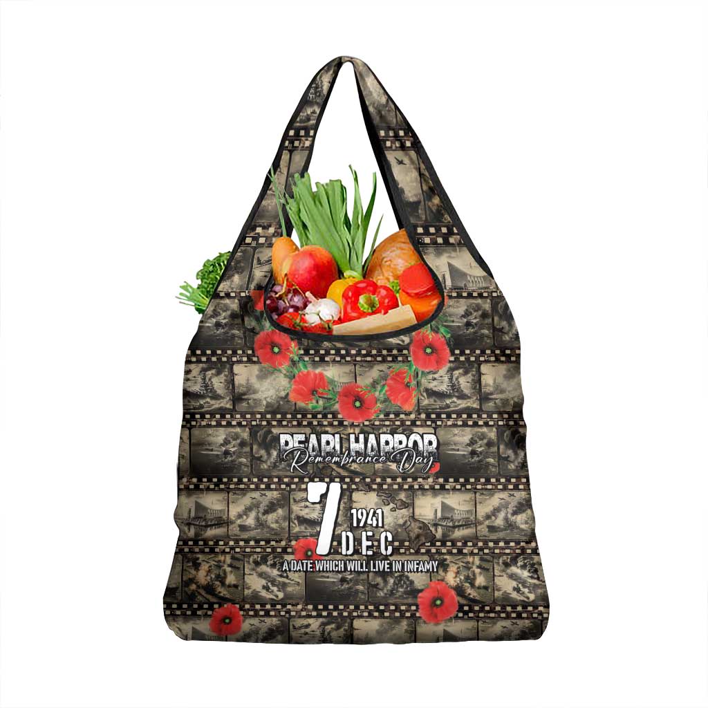 Pearl Harbor Remembrance Day Grocery Bag Memories of December 7 with Red Poppy Lei LT03 1-pack One Size Beige - Polynesian Pride