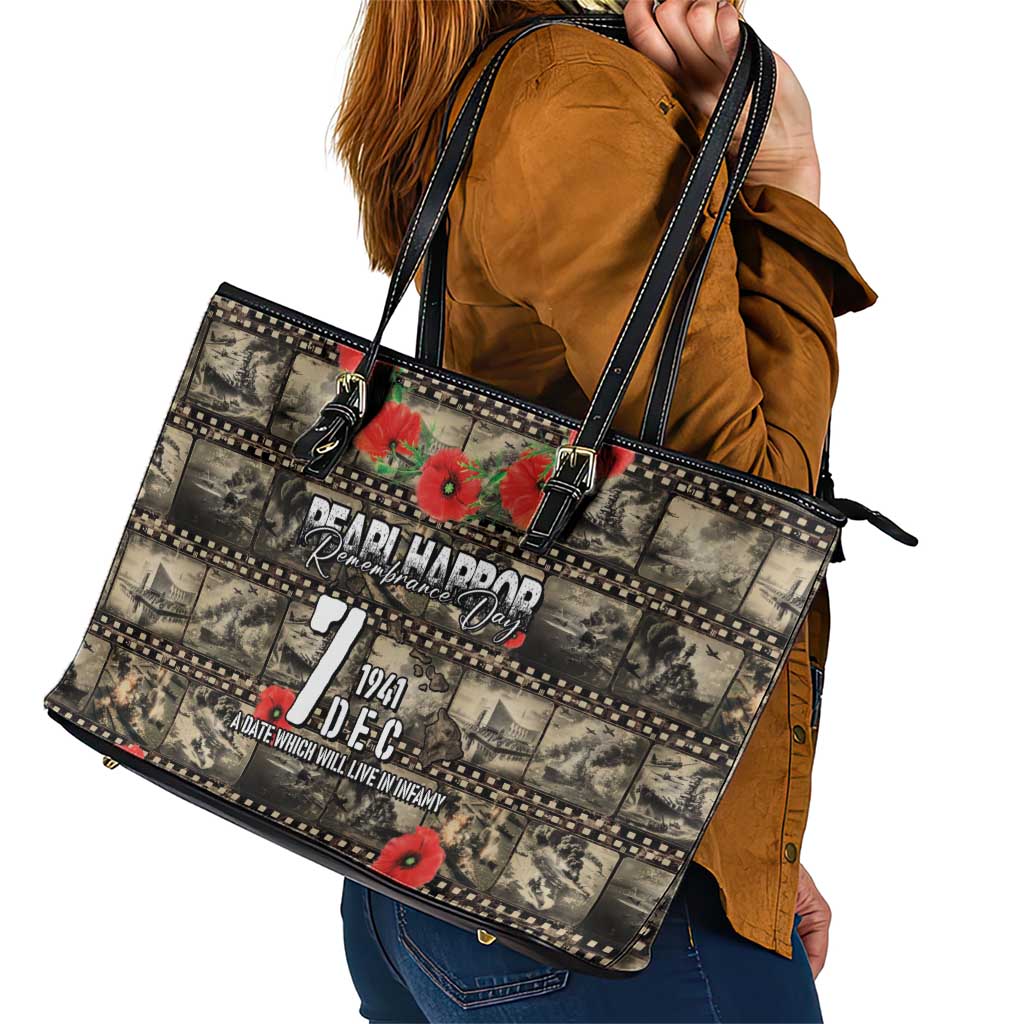 Pearl Harbor Remembrance Day Leather Tote Bag Memories of December 7 with Red Poppy Lei - Polynesian Pride