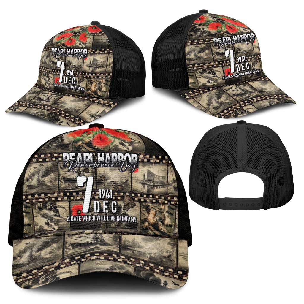 Pearl Harbor Remembrance Day Personalized Mesh Trucker Cap Memories of December 7 with Red Poppy Lei - Polynesian Pride