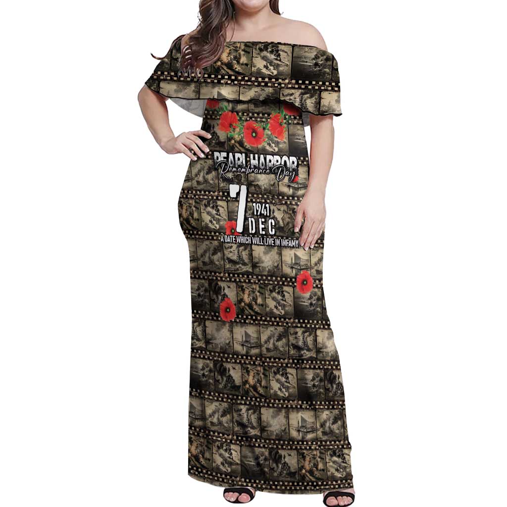 Pearl Harbor Remembrance Day Personalized Off Shoulder Maxi Dress Memories of December 7 with Red Poppy Lei - Polynesian Pride