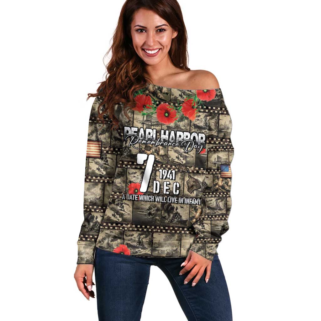 Pearl Harbor Remembrance Day Personalized Off Shoulder Sweater Memories of December 7 with Red Poppy Lei - Polynesian Pride