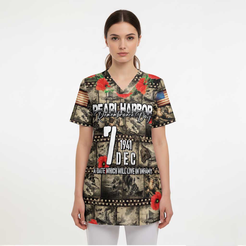 Pearl Harbor Remembrance Day Personalized Scrub Top Memories of December 7 with Red Poppy Lei - Polynesian Pride