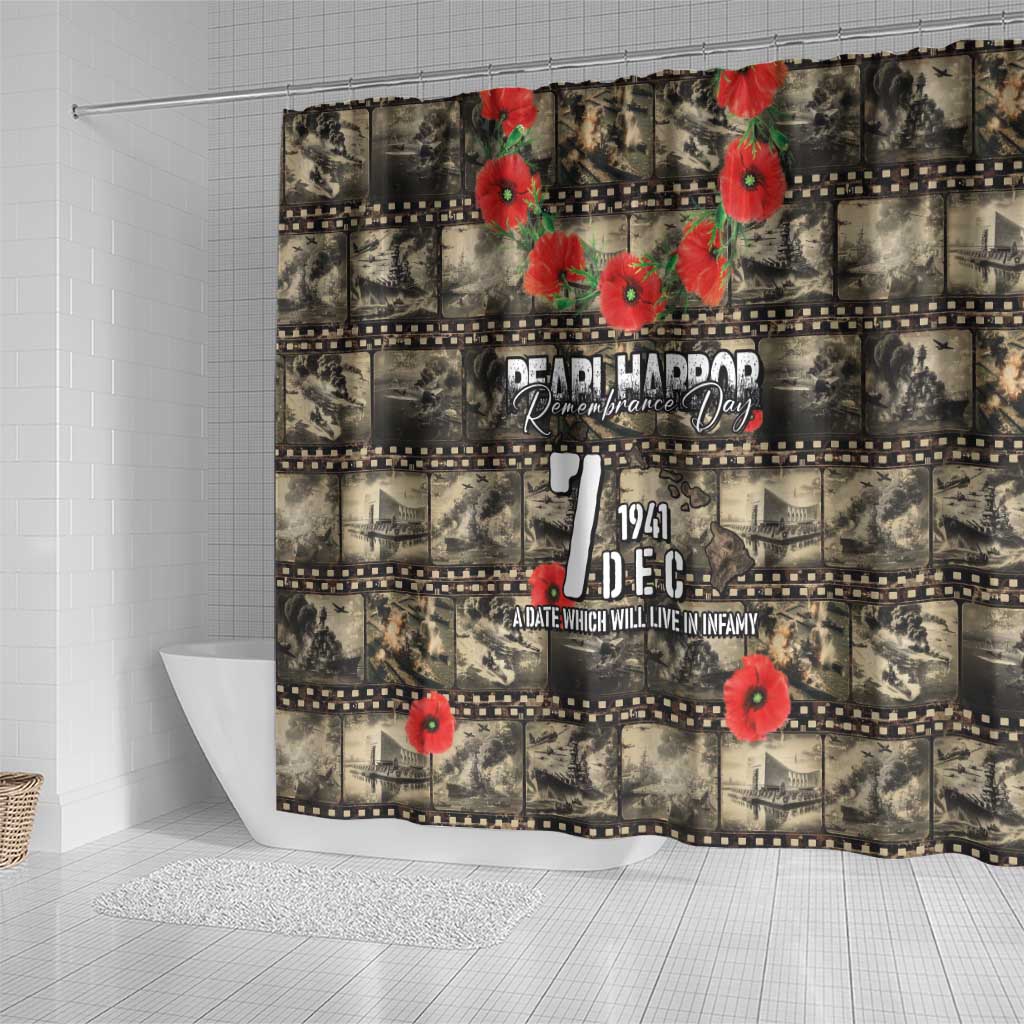 Pearl Harbor Remembrance Day Shower Curtain Memories of December 7 with Red Poppy Lei - Polynesian Pride