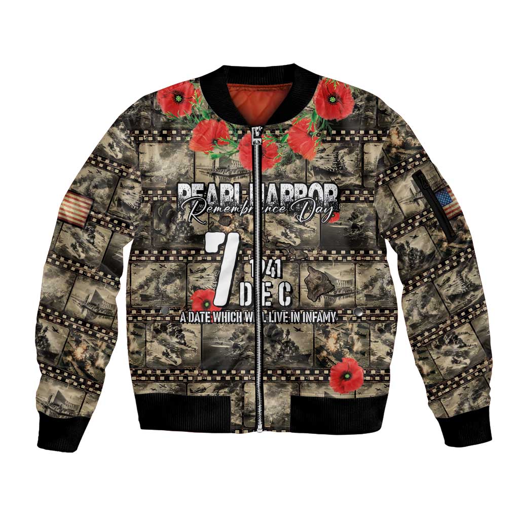 Pearl Harbor Remembrance Day Personalized Sleeve Zip Bomber Jacket Memories of December 7 with Red Poppy Lei LT03 Unisex Beige - Polynesian Pride