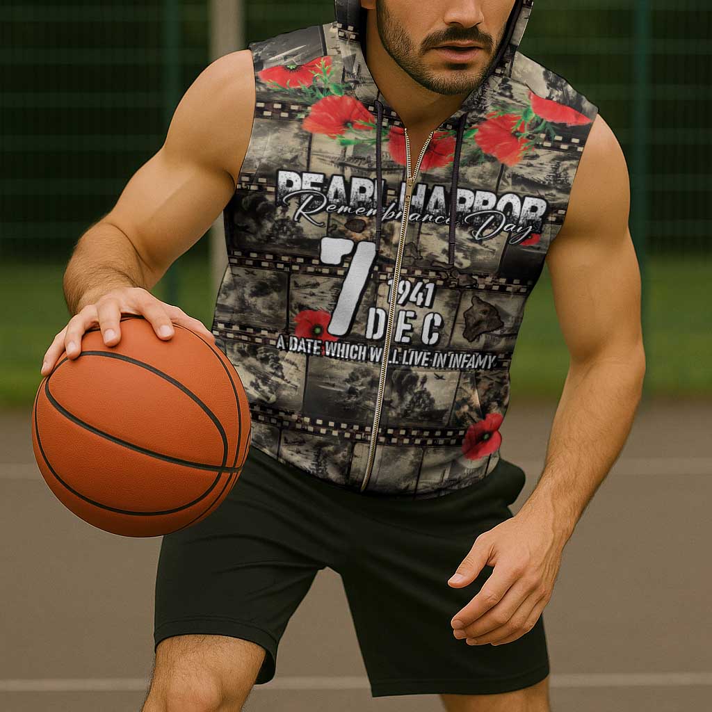 Pearl Harbor Remembrance Day Personalized Sleeveless Zip Hoodie Memories of December 7 with Red Poppy Lei - Polynesian Pride