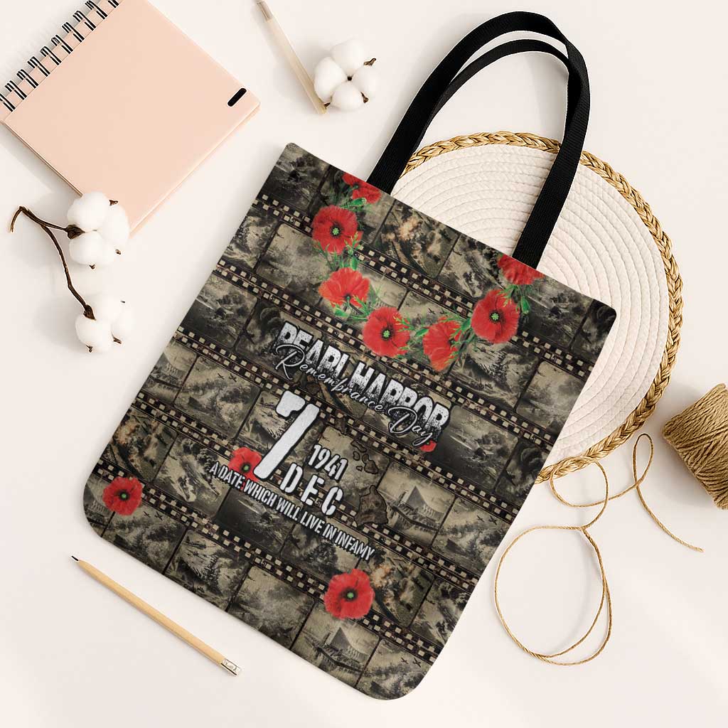 Pearl Harbor Remembrance Day Tote Bag Memories of December 7 with Red Poppy Lei LT03 Black Strap One Size Beige - Polynesian Pride
