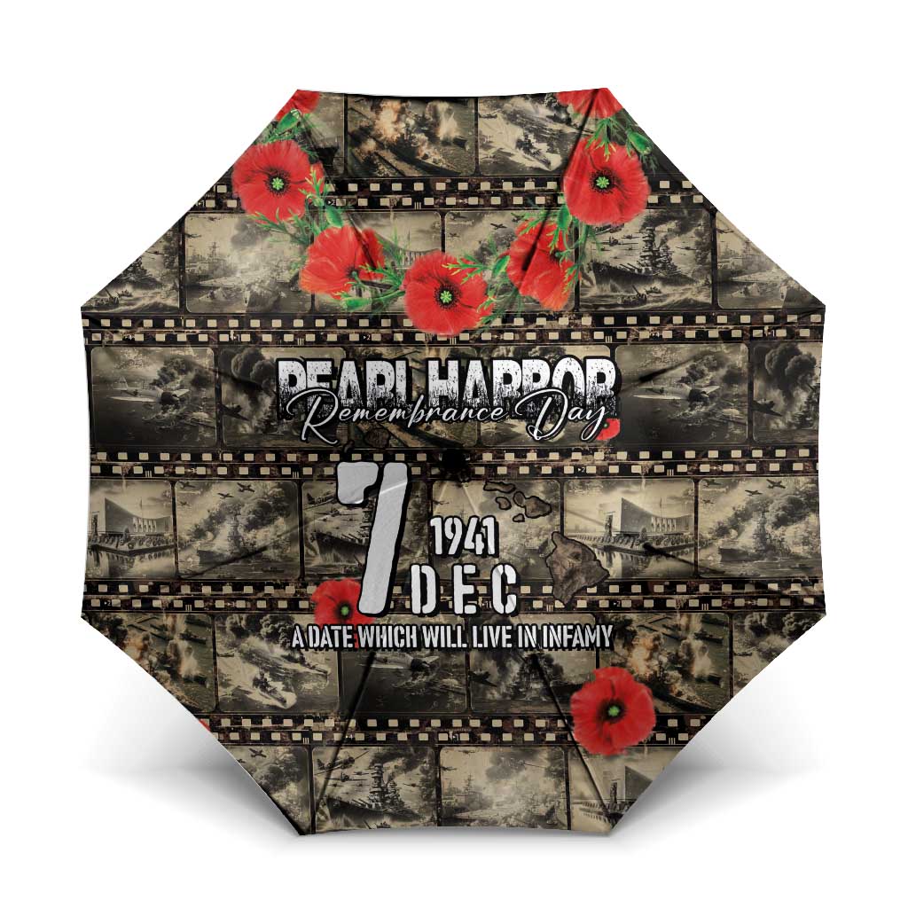 Pearl Harbor Remembrance Day Umbrella Memories of December 7 with Red Poppy Lei LT03 One Size Folded 11.42 inch Opened Diameter 37.4 inch Beige - Polynesian Pride