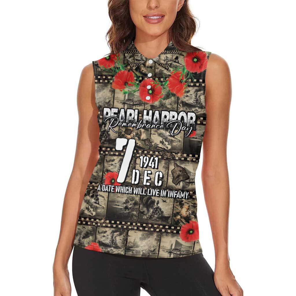 Pearl Harbor Remembrance Day Personalized Women Sleeveless Polo Shirt Memories of December 7 with Red Poppy Lei - Polynesian Pride