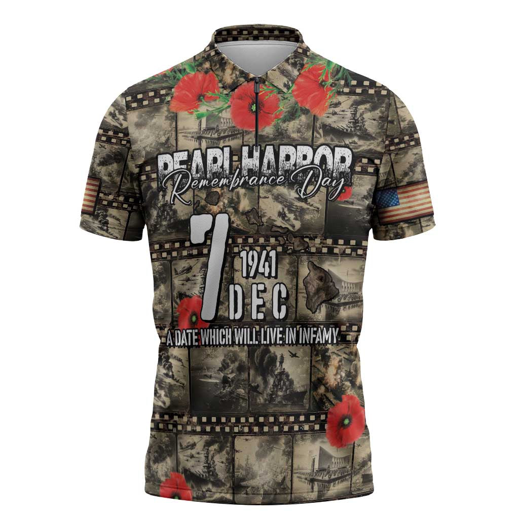 Pearl Harbor Remembrance Day Personalized Zipper Polo Shirt Memories of December 7 with Red Poppy Lei - Polynesian Pride