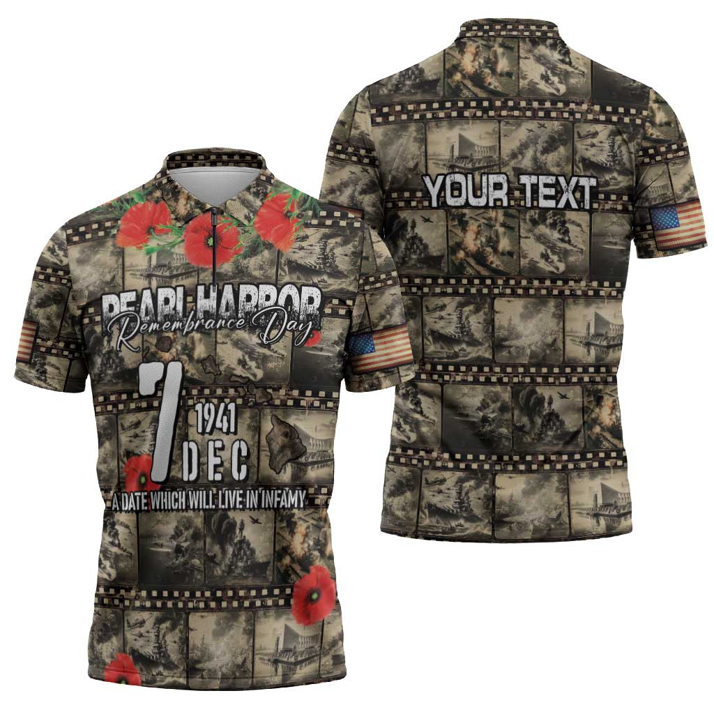 Pearl Harbor Remembrance Day Personalized Zipper Polo Shirt Memories of December 7 with Red Poppy Lei - Polynesian Pride