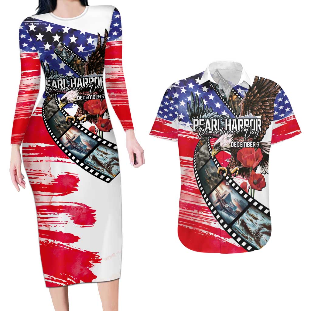 Pearl Harbor Remembrance Day Personalized Couples Matching Long Sleeve Bodycon Dress and Hawaiian Shirt Lest We Forget - The Bald Eagle Remembers - Polynesian Pride