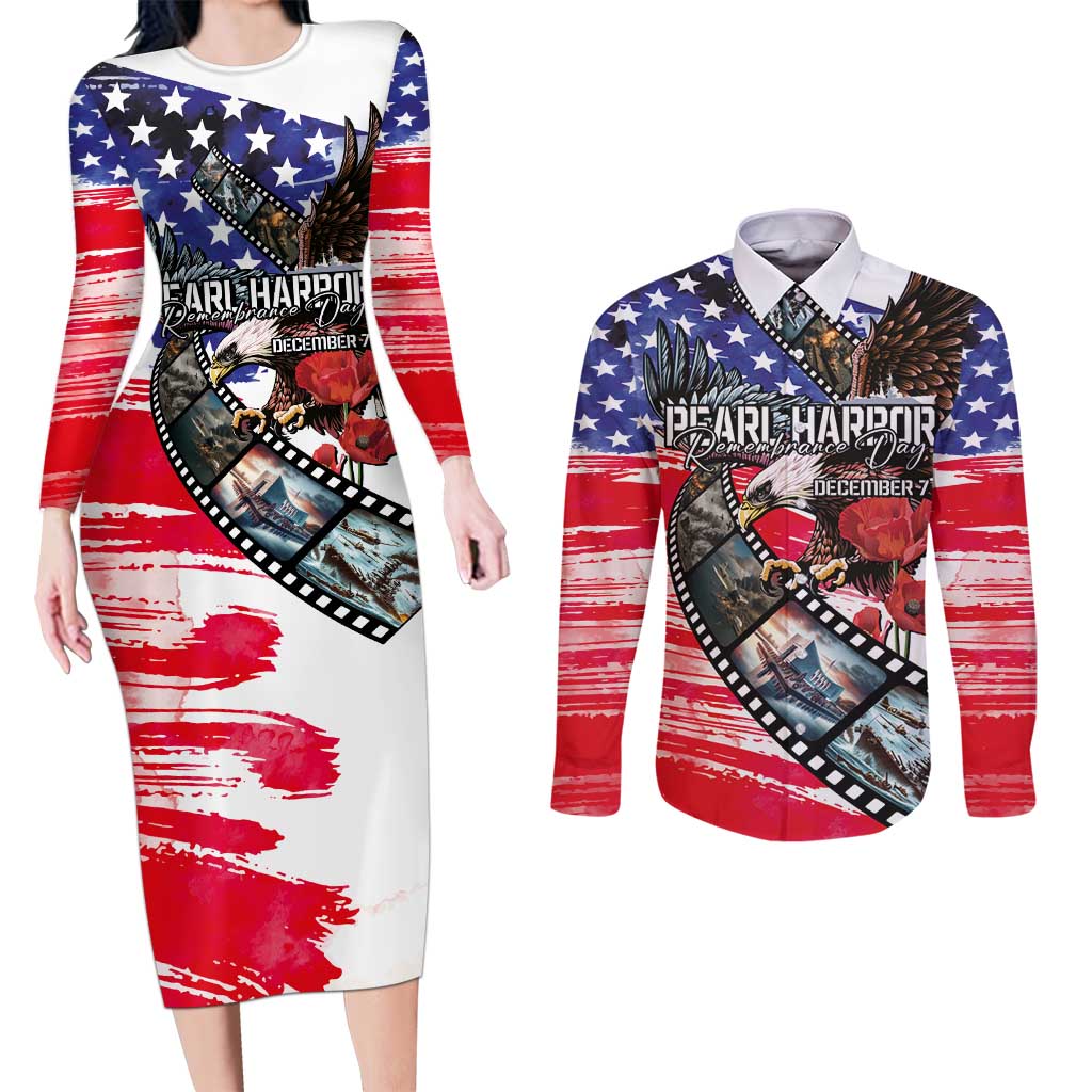 Pearl Harbor Remembrance Day Personalized Couples Matching Long Sleeve Bodycon Dress and Long Sleeve Button Shirt Lest We Forget - The Bald Eagle Remembers - Polynesian Pride