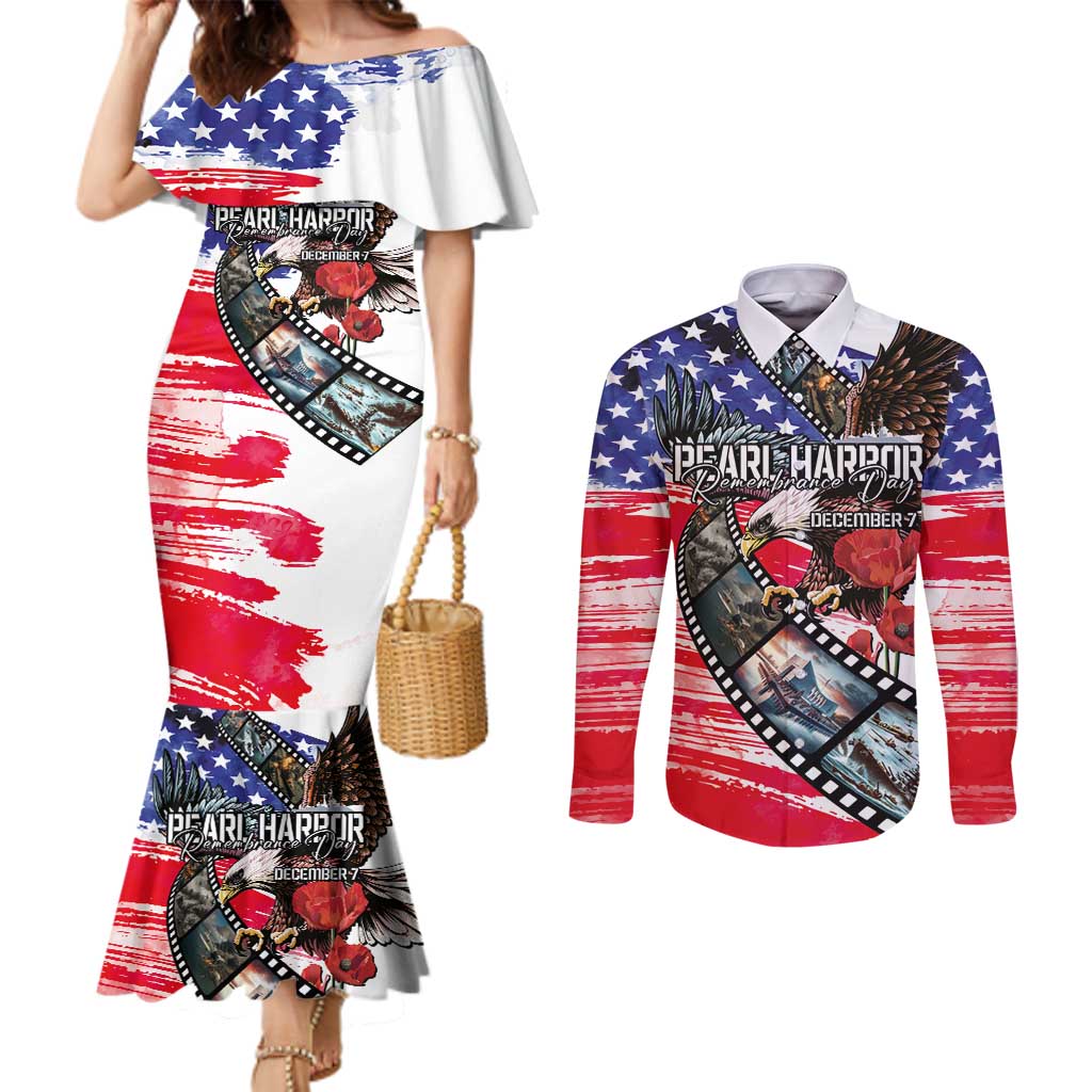 Pearl Harbor Remembrance Day Personalized Couples Matching Mermaid Dress and Long Sleeve Button Shirt Lest We Forget - The Bald Eagle Remembers - Polynesian Pride