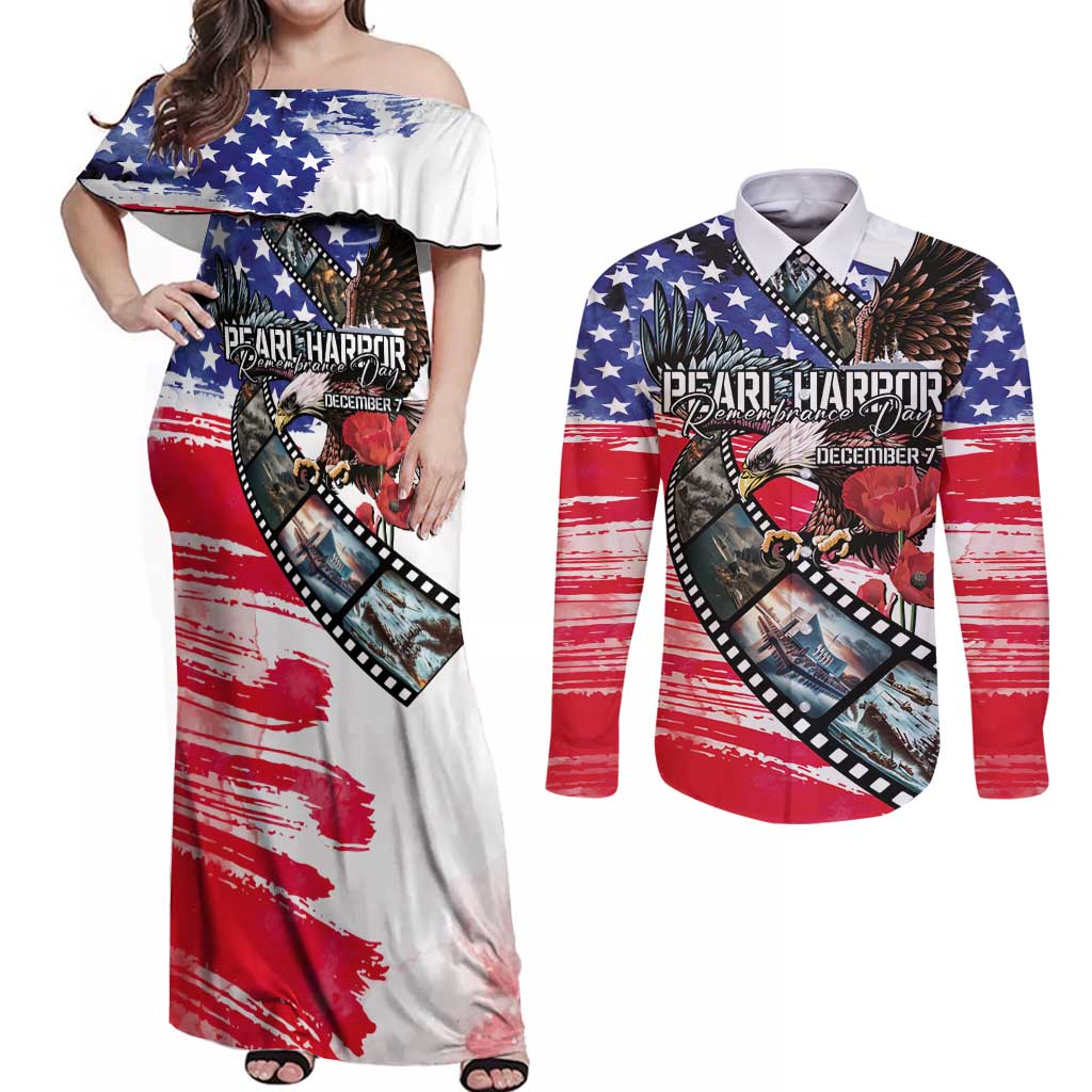 Pearl Harbor Remembrance Day Personalized Couples Matching Off Shoulder Maxi Dress and Long Sleeve Button Shirt Lest We Forget - The Bald Eagle Remembers - Polynesian Pride