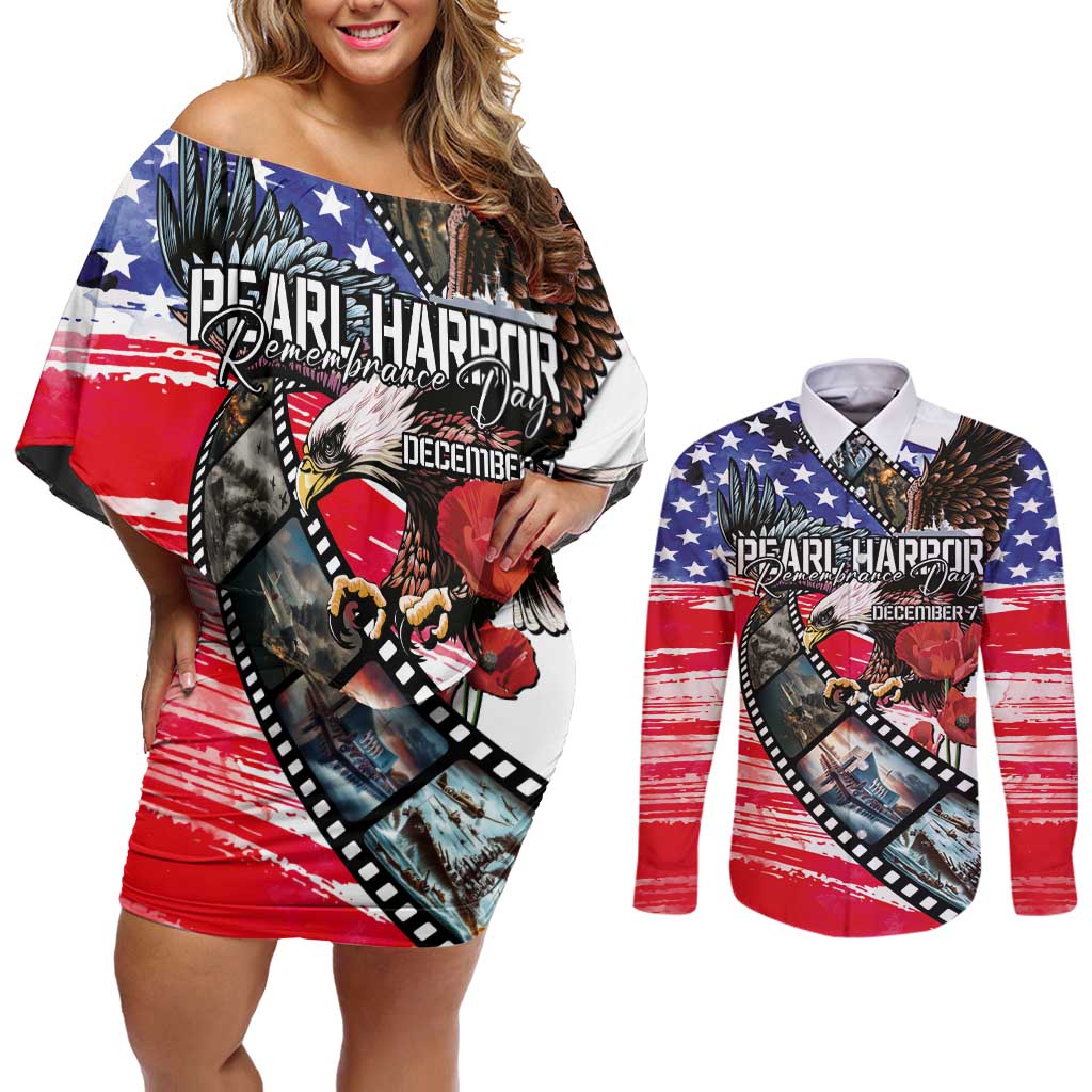 Pearl Harbor Remembrance Day Personalized Couples Matching Off Shoulder Short Dress and Long Sleeve Button Shirt Lest We Forget - The Bald Eagle Remembers - Polynesian Pride