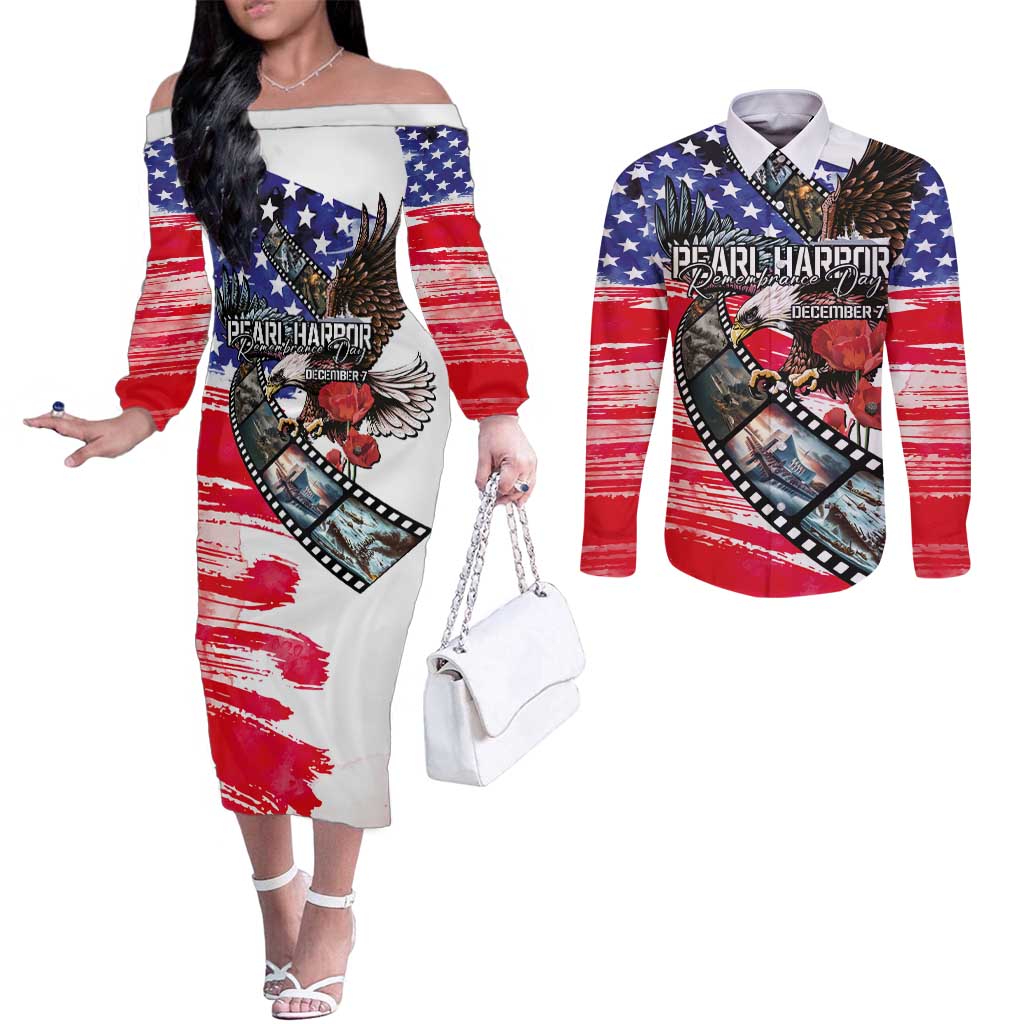 Pearl Harbor Remembrance Day Personalized Couples Matching Off The Shoulder Long Sleeve Dress and Long Sleeve Button Shirt Lest We Forget - The Bald Eagle Remembers - Polynesian Pride