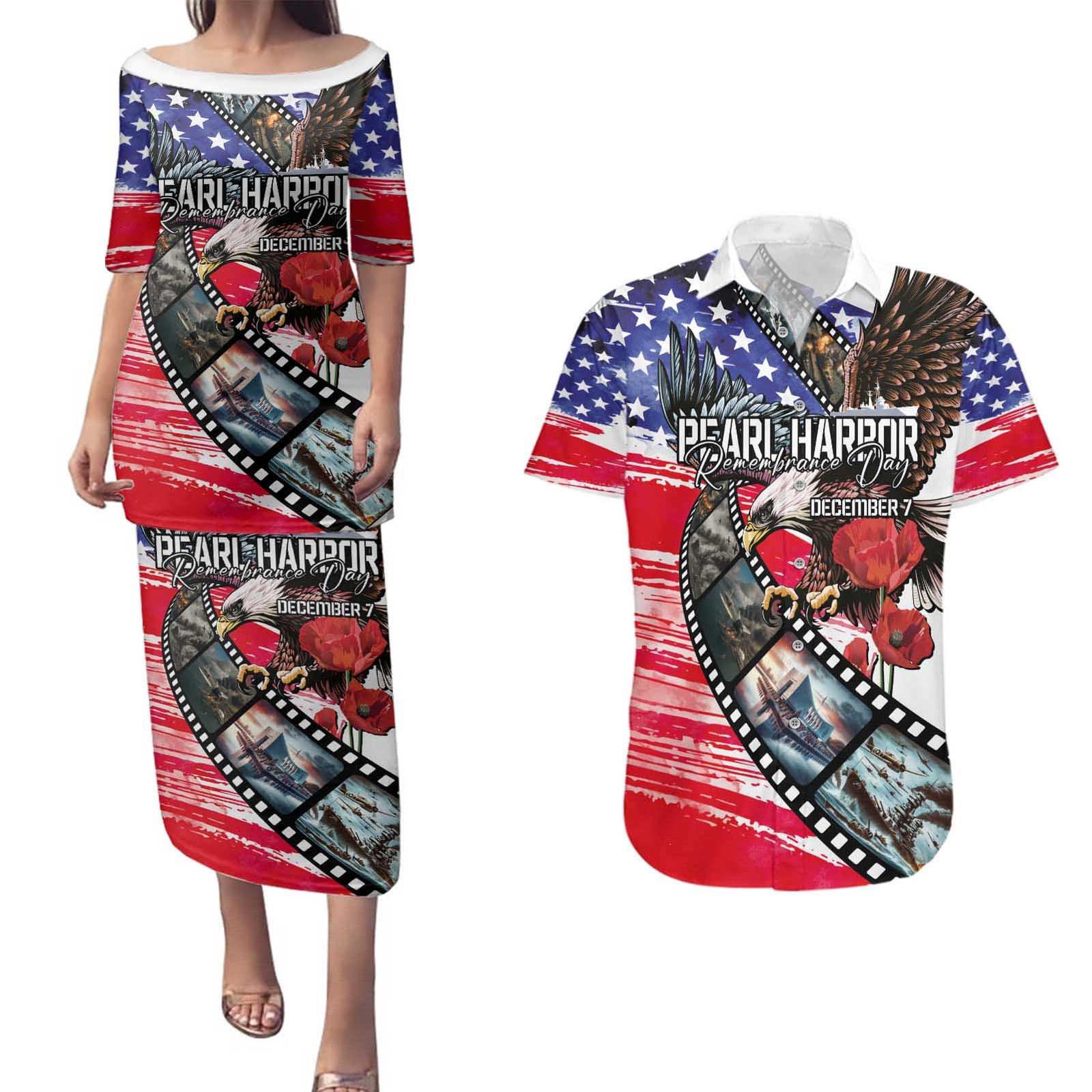 Pearl Harbor Remembrance Day Personalized Couples Matching Puletasi and Hawaiian Shirt Lest We Forget - The Bald Eagle Remembers - Polynesian Pride