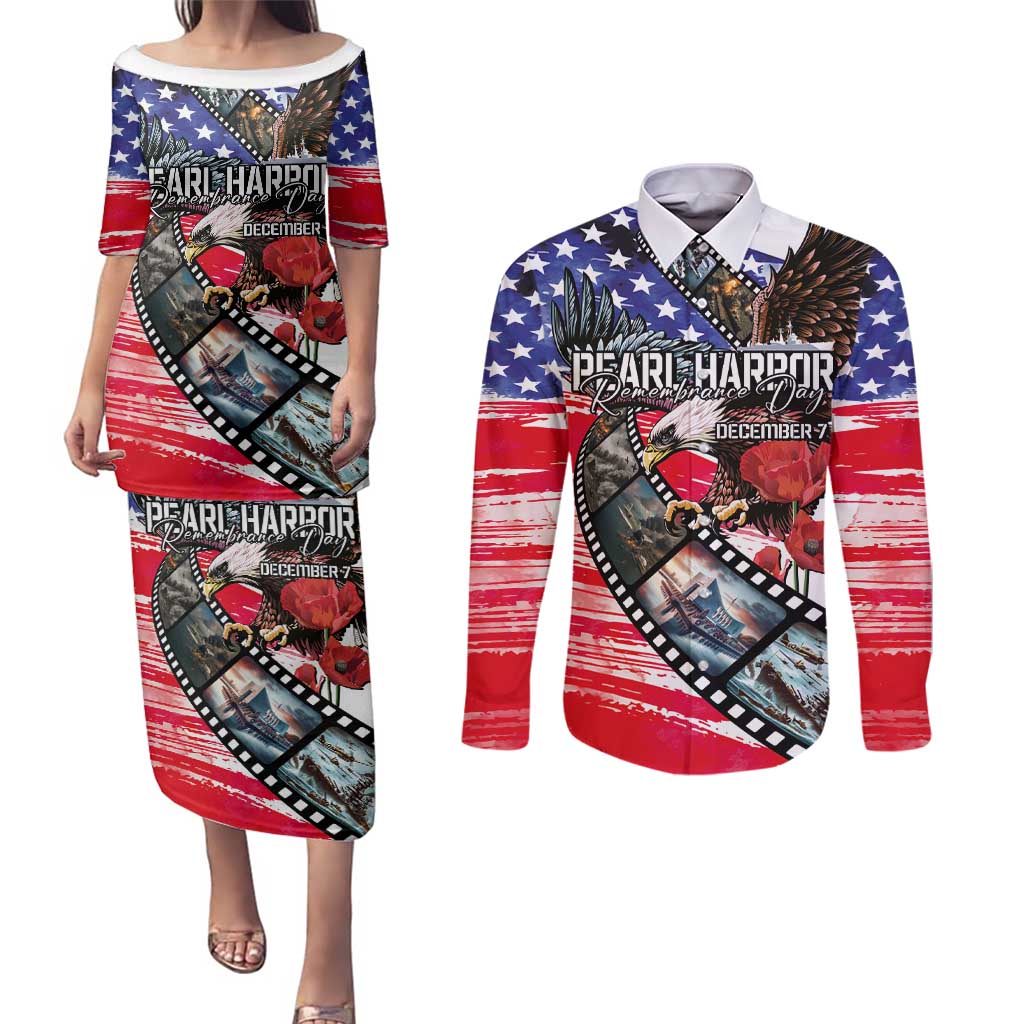 Pearl Harbor Remembrance Day Personalized Couples Matching Puletasi and Long Sleeve Button Shirt Lest We Forget - The Bald Eagle Remembers - Polynesian Pride
