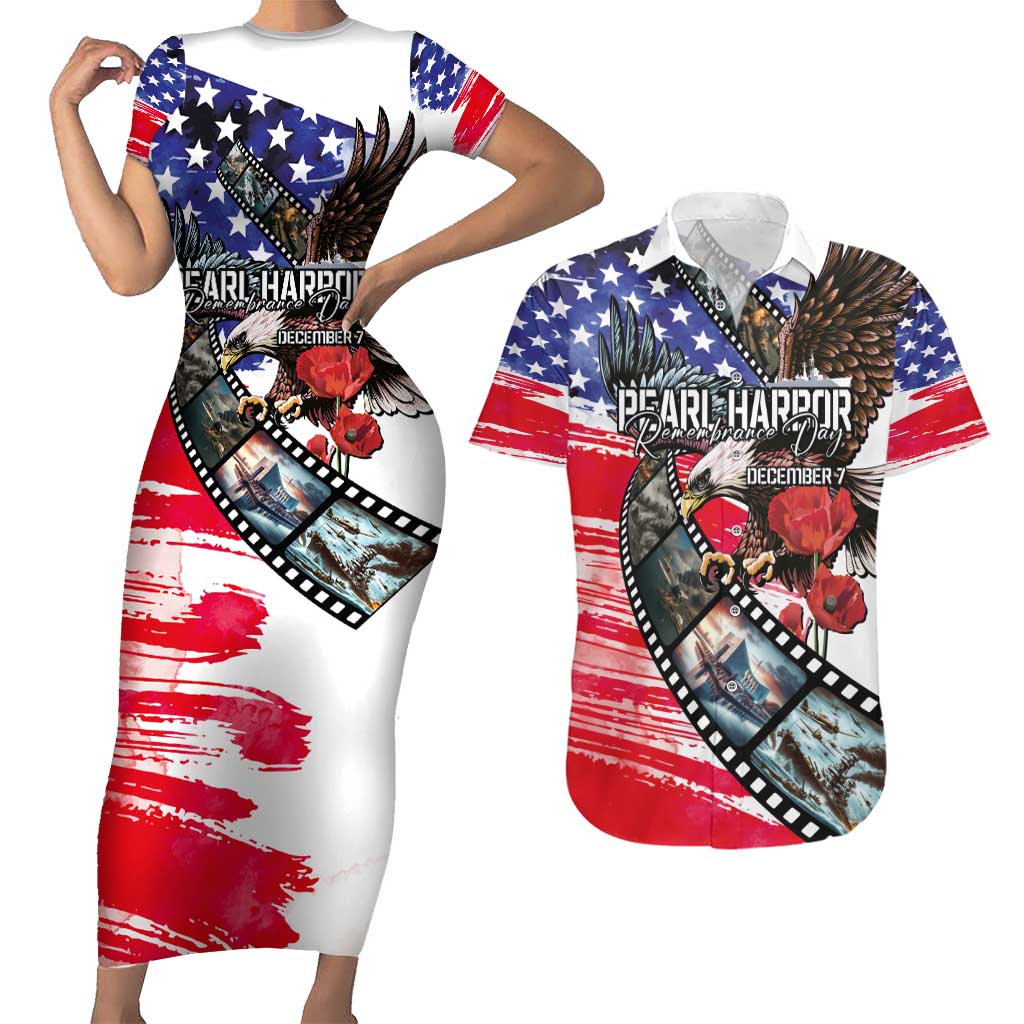 Pearl Harbor Remembrance Day Personalized Couples Matching Short Sleeve Bodycon Dress and Hawaiian Shirt Lest We Forget - The Bald Eagle Remembers - Polynesian Pride