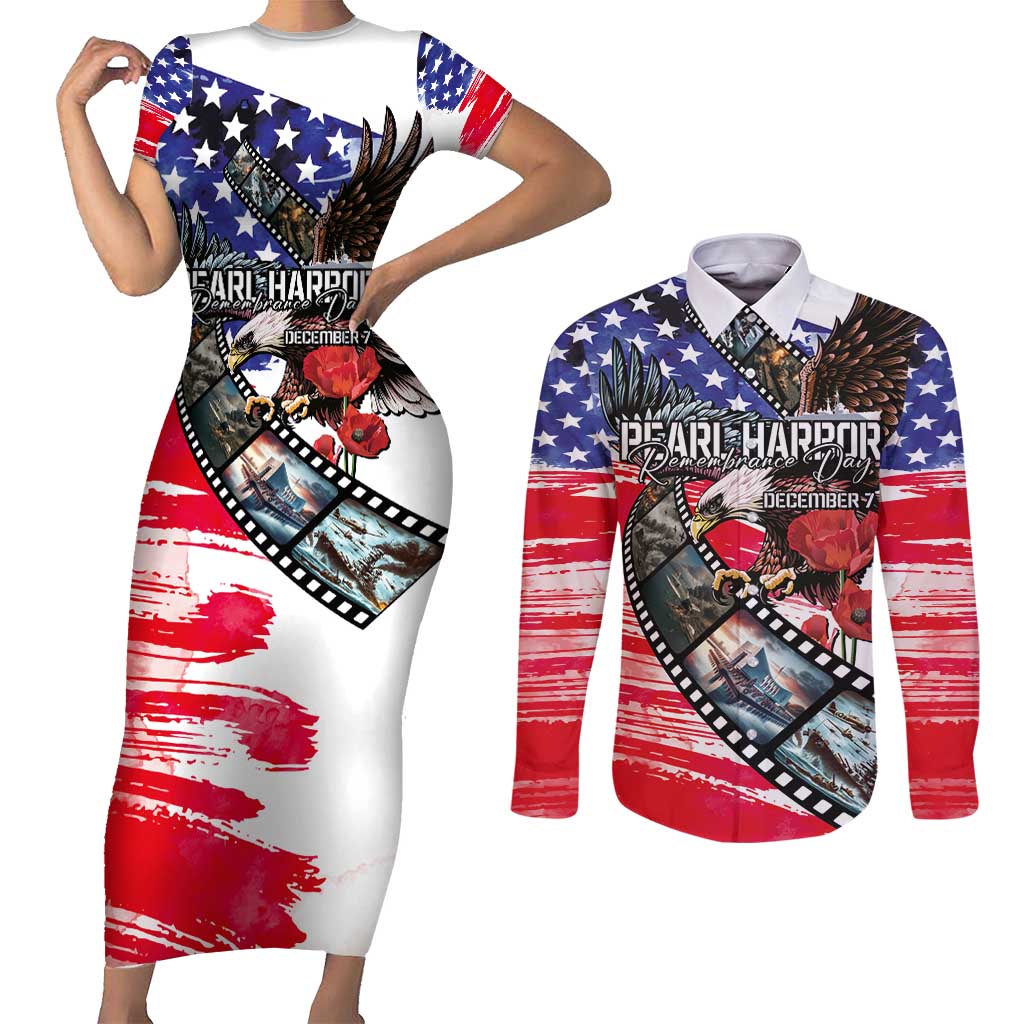 Pearl Harbor Remembrance Day Personalized Couples Matching Short Sleeve Bodycon Dress and Long Sleeve Button Shirt Lest We Forget - The Bald Eagle Remembers - Polynesian Pride