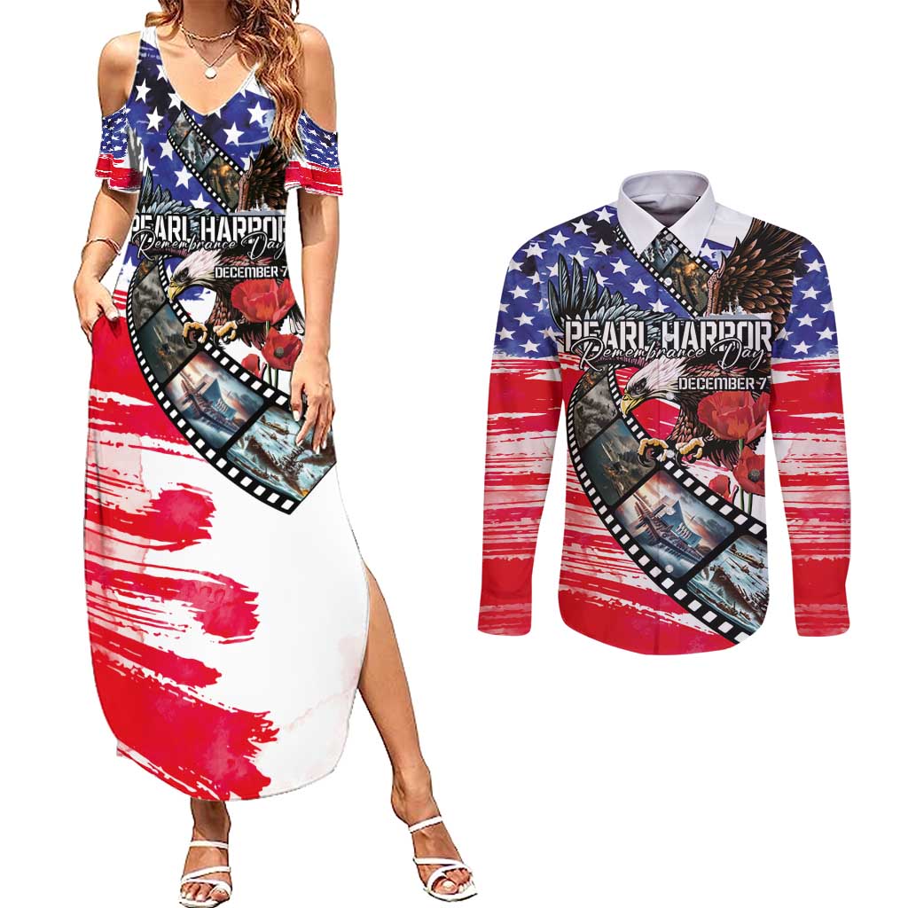 Pearl Harbor Remembrance Day Personalized Couples Matching Summer Maxi Dress and Long Sleeve Button Shirt Lest We Forget - The Bald Eagle Remembers - Polynesian Pride