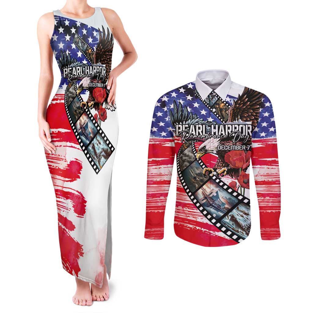 Pearl Harbor Remembrance Day Personalized Couples Matching Tank Maxi Dress and Long Sleeve Button Shirt Lest We Forget - The Bald Eagle Remembers - Polynesian Pride